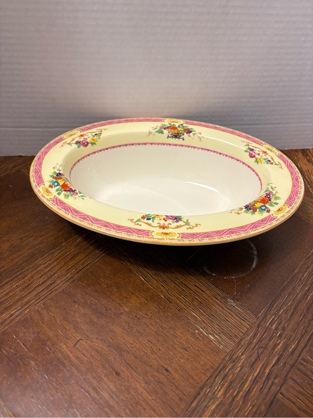 Cream Serving Bowl with Pink Floral Rim